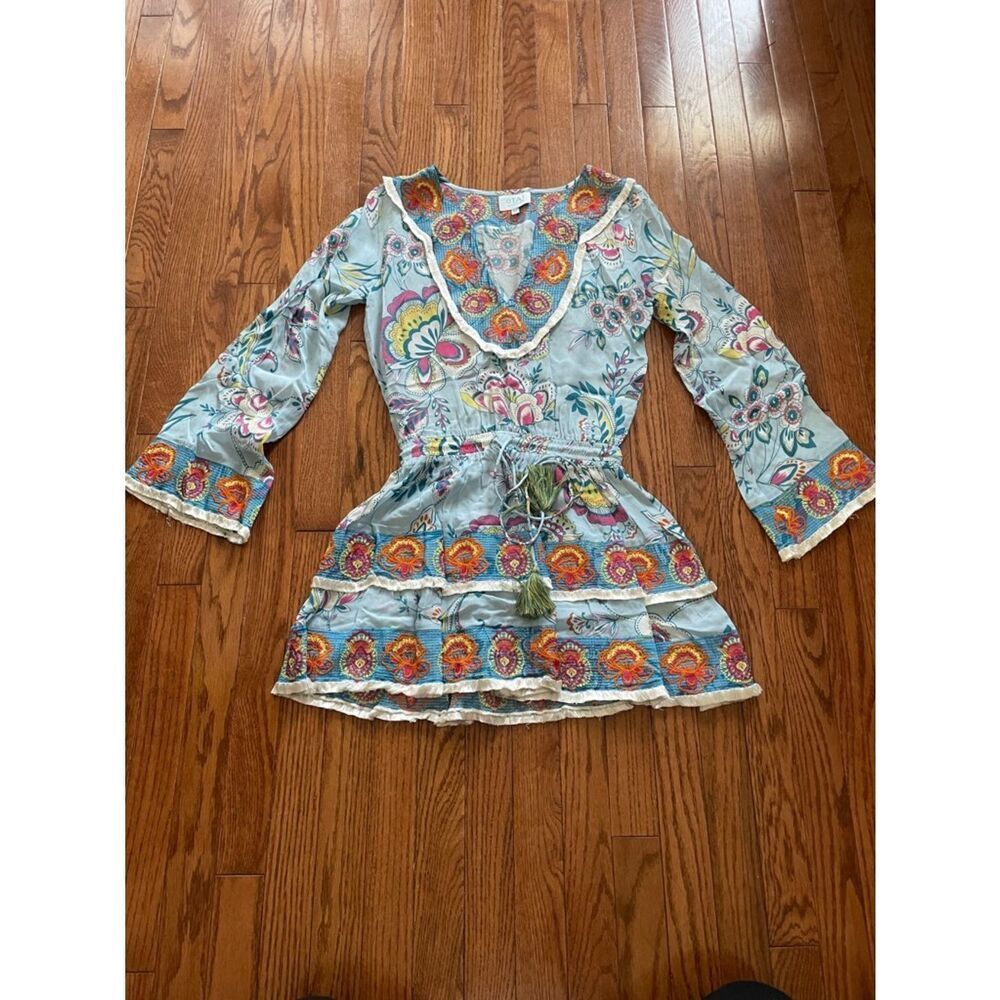 TAJ by Sabrina Crippa Blue Floral Embroidered Print Long Sleeve Dress Sz Medium